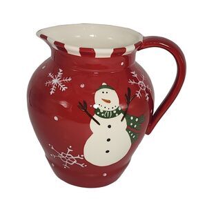 Snowman And Snowflakes Red Christmas Ceramic Pitcher Holiday Decor 7x7in